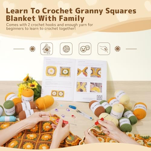WILSHIN Blanket Crochet Kit for Beginners - Granny Squares Crochet Kit with Soft Yarns, Step-by-Step Tutorials & Detailed Instructions, Easy Craft Gift for Adults (Yellow Sunflower)