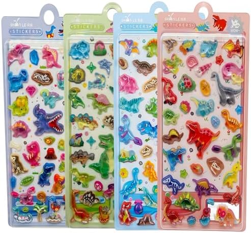 【4 Sheets】 Airy 3D Puffy Stickers,Dinosaur Resin Decorative Stickers, Cute Small Stickers for Kids，Girls, Adults, Reusable Tiny Stickers for Phone Case, Notebook - Perfect for Craft and GIF (Tender)