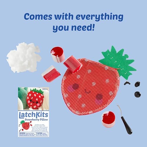 LatchKits Strawberry Pillow - Latch Hook Kits for Kids, Arts and Crafts, Yarn Art, Kids Crafts, Toys for Girls, Birthday Gift for Girls, Easy to Follow Pattern, Hook Included, Craft Kits, Ages 6+