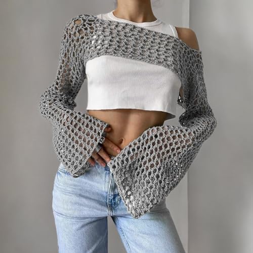 KEOMUD Women Crochet Tops Y2K Hollow Knit Bolero Shrug