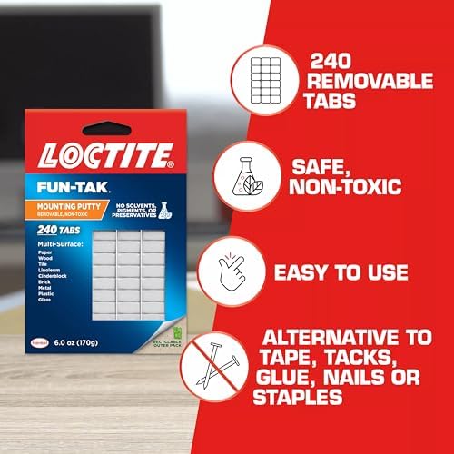 Loctite Eco Fun-Tak Mounting Putty, White, 6 oz Wallet Pack of 12 - Nontoxic, Reusable, Repositionable Adhesive for Posters & Décor, 240 Tabs, Multi-Surface