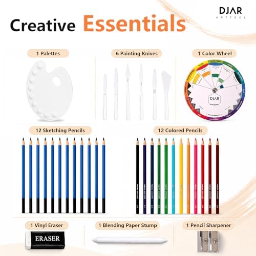 DJAR 87 Pcs Acrylic Paint Set with Tabletop Easel for Adults & Beginners | 24 Colors, Canvas, Brushes & Palette, Professional Art Supplies, Storage Box Ideal for Artists & Students