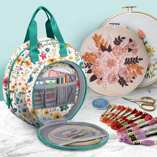 FINPAC Embroidery Project Bag, Embroidery Supplies Storage Carrying Tote Case with Multiple Pockets for Floss, Hoops, Thread, Stitch Tools Kit [Bag Only], Apricot Bloom