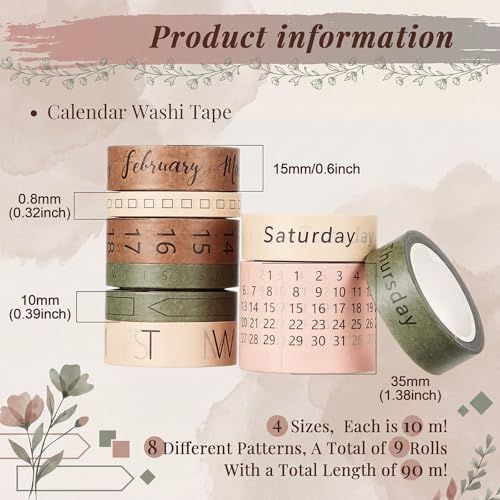 Chuangdi 9 Rolls Calendar Washi Tape Set,Pink, Green, Brown, Light Brown | Vintage Day Week Month Date Number Calendar Washi for Journaling, Planner Decoration, Journal Labels, Arts Crafts