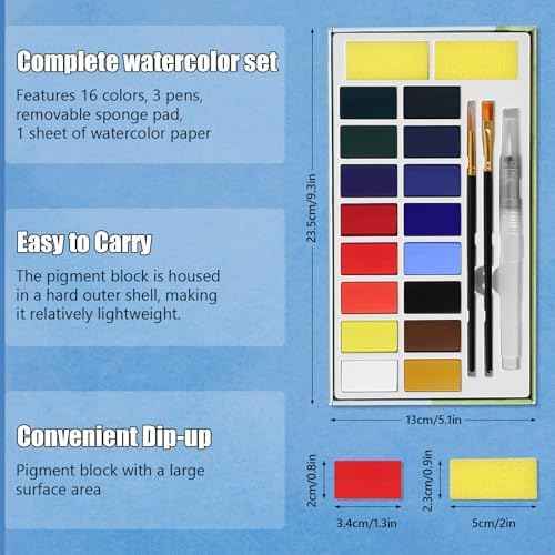 16 Colors Large Block Watercolor Paint Set for Watercolors Workbook, Portable Water Colors Paint Kit with 2 Paintbrushes 1 Waterbrush, for Adult Painting Beginners & Professional Amateur Hobbyists