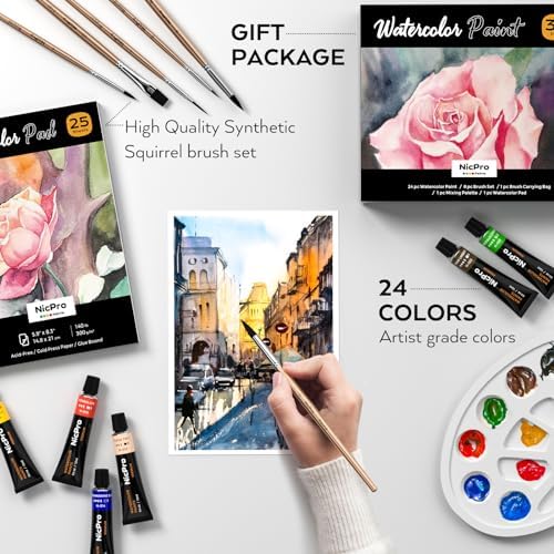 Nicpro 24 Colors Watercolor Paint Set (12ml/0.4oz Tube) for Adults, Artist