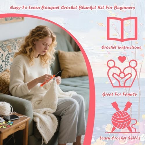 Yarniss Rose Crochet Blanket Kit for Beginners,Yarn & Video Tutorial