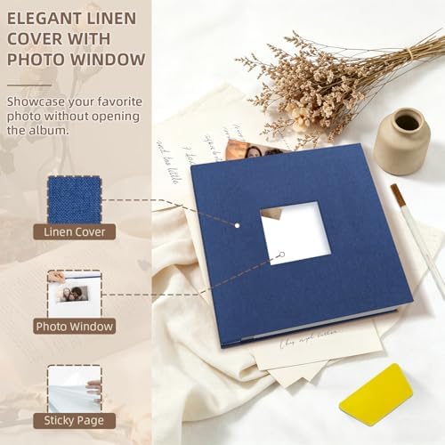 Popotop Photo Album Self Adhesive with Picture Display Window,60 Pages DIY Scrapbooking Supplies Kit for 4x6 10x12 Picture,Linen Cover Memory Book for Baby Wedding, with Scraper and Metallic Pen