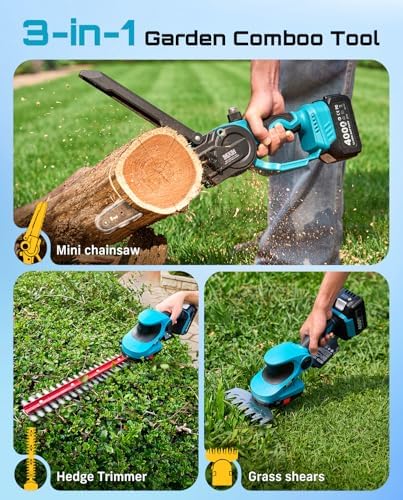 SEESII 3 in 1 Cordless Mini Chainsaw & Hedge Trimmer, Grass Shear Combo | 8 Inch Electric Chain saw Brushless,2x 4000mAh Batteries,Handheld Trimmer, Ergonomic Yard Garden Tool Set for Trimming