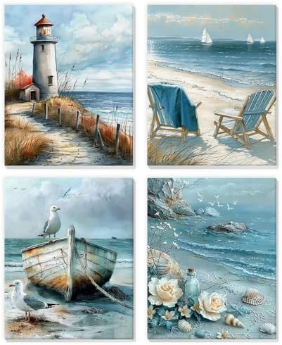 NEWENMO 4 Pack Paint by Numbers Kit for Kids Beginner with Wooden Frame, Lighthouse, Beach, Paint by Numbers Kit for Adults, Coastal Landscape, DIY Painting Kits for Home Wall Decor 8x10 inch