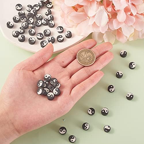 Airssory 100 Pcs Black and White Manmade Polymer Clay Soft Beads Flat Round with Taiji Ying Yang Sign Loose Bead Spacer for Lucky Jewelry Making