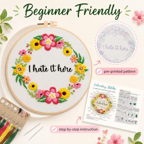Nuberlic Floral Embroidery Kit for Beginners,Funny Embroidery Practice Kit