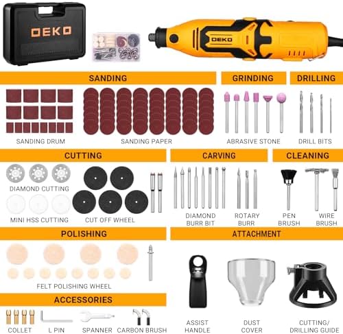 Rotary Tool Kit:DEKOPRO 1.4-Amp Power Hand Rotary Tools with 6 Variable Speed, 127pcs Accessories, 8000~35000RPM Electric Grinder Drill Machine Set with Flex Shaft for Carving, Cutting, Sanding Yellow