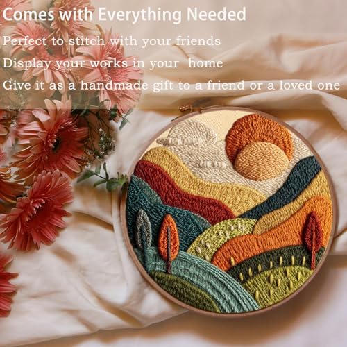 FONNUY Embroidery Kit for Beginners, Textured Vibrant Nature Landscape Pre-Stamped Pattern Kits for Adults with Hoop, Easy to Follow Color Thread Needlework, 8'' Hoop (Green 2)