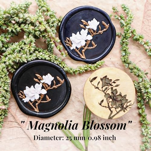 VANGOAL Wax Seal Stamp, Floral Series, 3D Embossed Brass Stamp Head with Wooden Handle, Vintage Sealing Kit for Wedding Invitations, Envelopes, Gift Wrapping, Letters and Crafts (Magnolia Blossom)