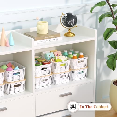 Ohmlove 6 Pack Plastic Storage Baskets with Bamboo Lids for Organization