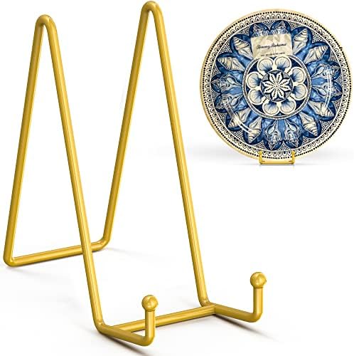 TR-LIFE 8 Inch Large Plate Stands for Display - Metal Plate Holder Display Stand + Frame Holder Stand for Picture, Decorative Plate, Platter, Plaques, Book, Photo Easel Tabletop (Gold 2 Pack)