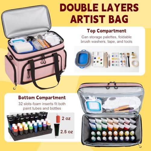 2 Layer Acrylic Paint Storage Bag for 32 Bottle(2 oz) Acrylic Paint