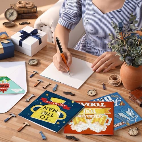 Saillong 12 Pack Father's Day Diamond Painting Greeting Cards Kits Dad Diamond Art Cards with Envelopes Best Dad 5D Rhinestones Painting Making Kits for Adults Father's Day DIY Craft Gifts