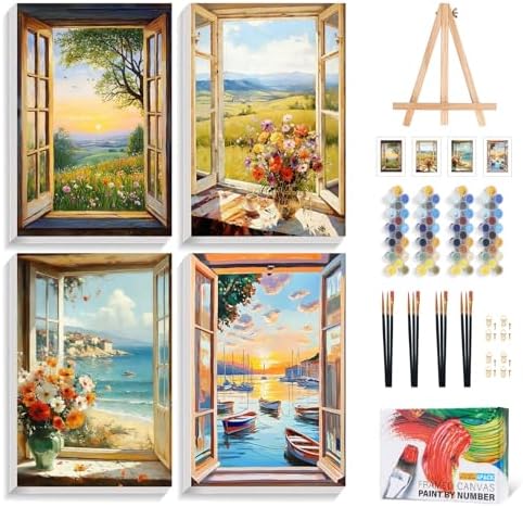 4 Pack Paint by Numbers Kit for Adults with Frame, Window DIY Painting Kit