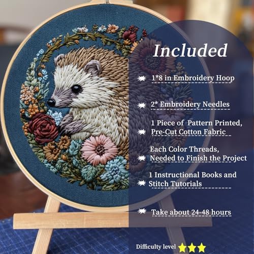 FONNUY Embroidery Kit for Beginners, Cute Hedgehog Stamped Embroidery Patterns Kits for Adults with Hoop, Easy to Follow Sewing Thread Needlework, 8'' Hoop (Resilient)