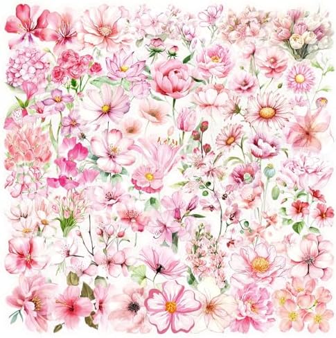 50Pcs Pink Floral Watercolor Stickers Set