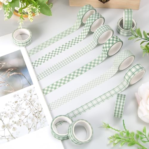 Whaline 12 Rolls Sage Green Plaid Washi Tape Masking Tape Set Pastel Green Gingham Decorative Wrapping Paper Tapes Boxed for Wedding Scrapbook Journal DIY Crafts