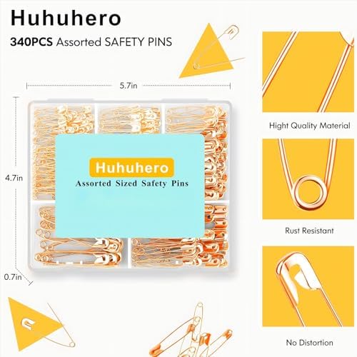 340 Pack Safety Pins Assorted, 5 Different Sizes Small & Large, Rose Gold