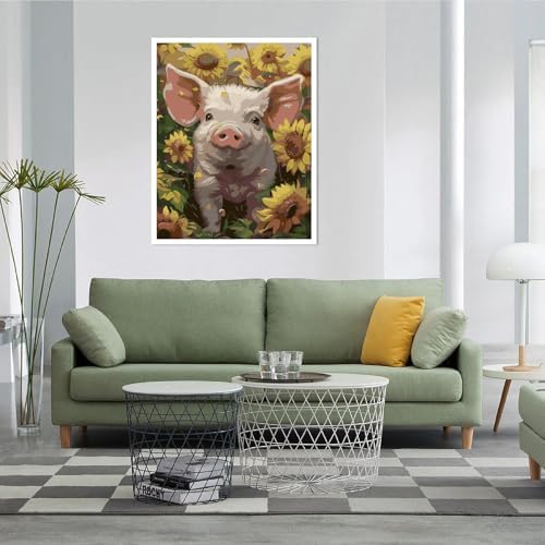 AALBLAC Pig Paint by Numbers Kit for Adults Beginners- Pig Sunflower Paint by Number Canvas, Easy Animal Acrylic Painting by Numbers for Home Wall Decor (16x20 inch)