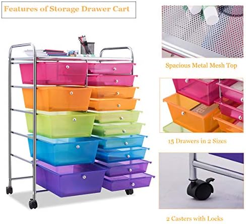 Giantex 15 Drawer Rolling Storage Cart Tools Scrapbook Paper Office School Organizer, Multicolor
