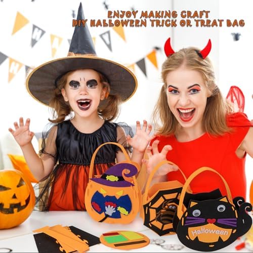 6 Set DIY Trick or Treat Bag Kit, Make Your Own Halloween Candy Bags Goodie Bags, Felt Craft with Stickers for Kids Halloween Party Favors