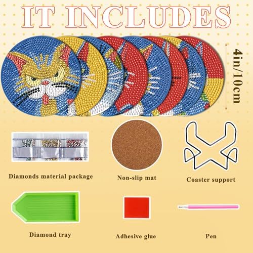 DOTSOPS 8 PCS Cat Diamond Art Coasters Kits for with Holder Beginners 4 in
