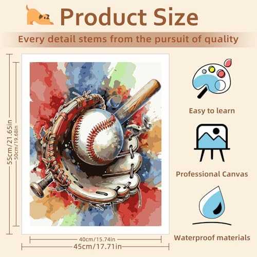 Reivworl Baseball Paint by Numbers Kit for Adults Beginner, 16" Wx20 L Baseball Paint by Number for Adult, Acrylic Painting Kits with Canvas for Gifts and Wall Decor