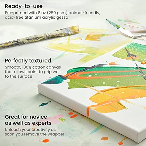 ARTEZA Stretched Canvas, 6 x 6 Inches, Pack of 12, Blank White Square Canvas for Painting for Acrylic, Oil and Gouache Paints