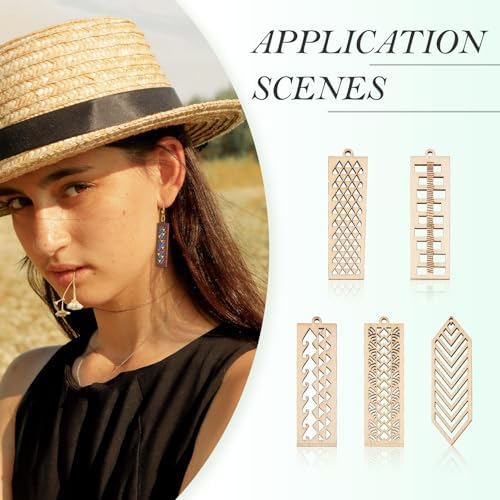 Elecrelive 30Pcs Rectangle Wooden Earring Charms Wood Filigree Charms
