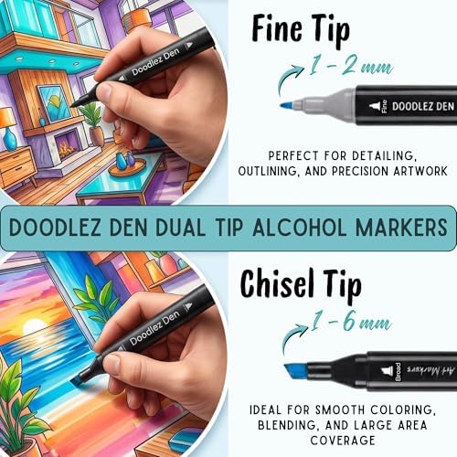 Alcohol Markers Set 60 Colors, Dual Tip Art Markers, Alcohol Based Markers for Adult Coloring Books, Artist Supplies, Chisel & Fine Tip with Black holder, Color Checking Card (60 Colors)