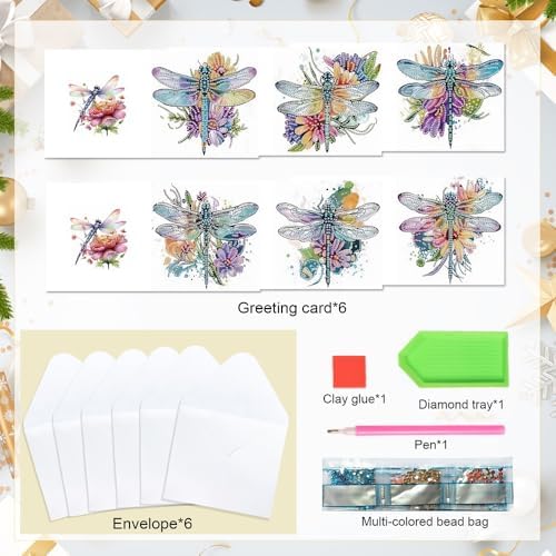 AiYuanzsh 6 Pack Diamond Art Greeting Card Kits with Envelope – Dragonfly Design Floral Crystal Rhinestone Birthday & Holiday Cards, DIY Postcards for Christmas, Thanksgiving, and Gifts