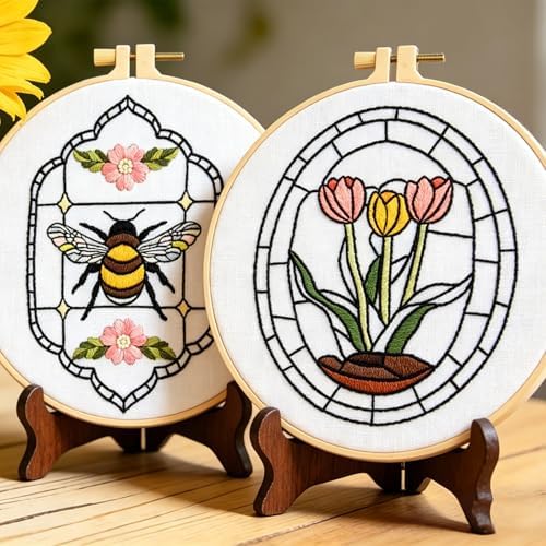 Armindou Flowers Bee Embroidery Kits for Beginners Adults, Floral Hand Embroidery Set Needlepoint DIY Kits, Stamped Cross Stitch Kits for Beginners Adults, 2 Embroidery Hoops (Attached Video Tutorial)