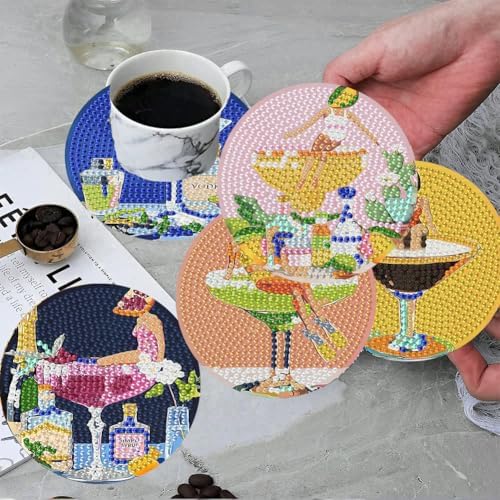ijbnhd 8 Pcs Cocktail Diamond Art Coasters Kits, 4x4 inch (Cork Wooden Pad)