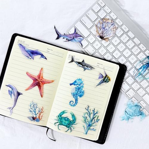 100PCS Marine Life Stickers, Waterproof PET Transparent Watercolor Ocean Decals for Laptop, Luggage, Skateboard, Phone, Fridge, Trendy Stickers for Teens, Adults, Boys and Girls（Marine Life