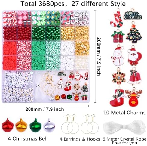 BBita 3680pcs Christmas Polymer Clay Beads Charms for Bracelets Making Kit Christmas Tree Snowman Santa Claus Snowflakes Bells Socks elk Friendship DIY Arts Crafts Gifts for Kids Girls