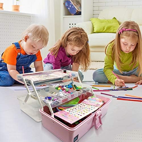 WEWLINE Hair Accessories Organizer 13-Inch Art Supply Bin Sewing Box 3-Layers Craft Storage Organizer with Handle Pink Tool Tackle Box Storage Great Gift for Kids