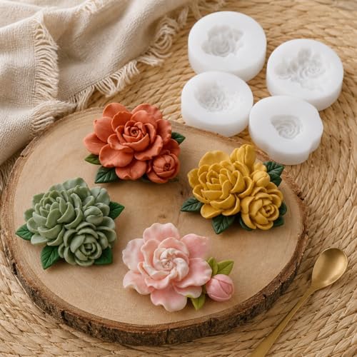 4 Pcs 3D Flower Candle Silicone Molds,Gardenia Shape for Candle Soap Crafts