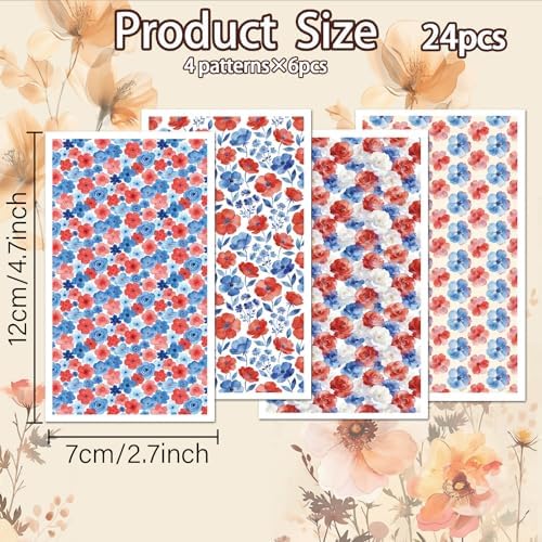 OLYCRAFT 24Pcs Independence Day Clay Transfer Paper 4 Styles Transfer Paper for Polymer Red Blue Flower Polymer Clay Transfer Sheets Floral Transfer Paper for Clay Earrings Jewelry Making