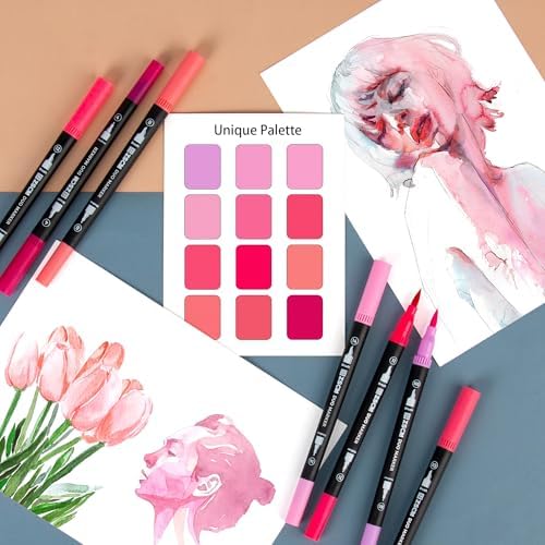 Pink Duo Tip Marker Pens, 12 Fine & Brush Tip Pen For Adult Coloring Books