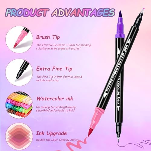 24 Colors Dual Markers Brush Pens, Art Markers Colored Pens for Adult Coloring Books, Brush and Fine Point Dual Tip Artist Colored Marker Set for Drawing Adult Coloring Hand Lettering