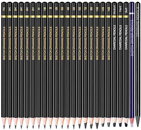 Sketching Pencil Set - 24 Pieces Drawing Sketch Pencil HB,B,2B,3B,4B,5B,6B,7B,8B,10B,12B,14B,H,2H,3H,4H,5H,6H,7H, Includes Charcoal, Eraser, Graphite Pencils for Beginners & Pro Artists