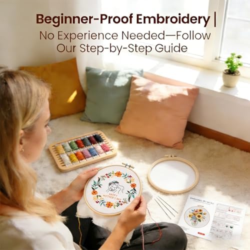 BoAn DIY Floral Embroidery Kit for Adults, Handmade Craft with Hoop