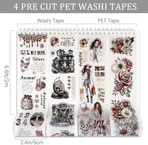 Dizdkizd Washi Tape Set, 4 Pre-Cut Animal Print PET & Washi Tapes Stickers with Diverse Sexy Women, Flowers, Adult Journaling Supplies for Collage Scrapbooks Craft Project