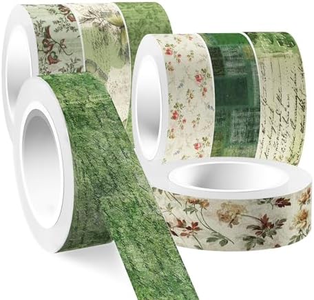 12 Pcs Green Floral Washi Tape Vintage Flower Pattern Masking Tape Decorations Green Floral Decorative Paper Sticker for Vintage Spring DIY Craft Gift Wrapping